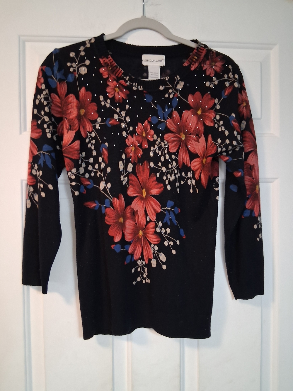 Rebecca Malone Black Sweater Red Floral Accents Button Up Lightweight Cardigan S